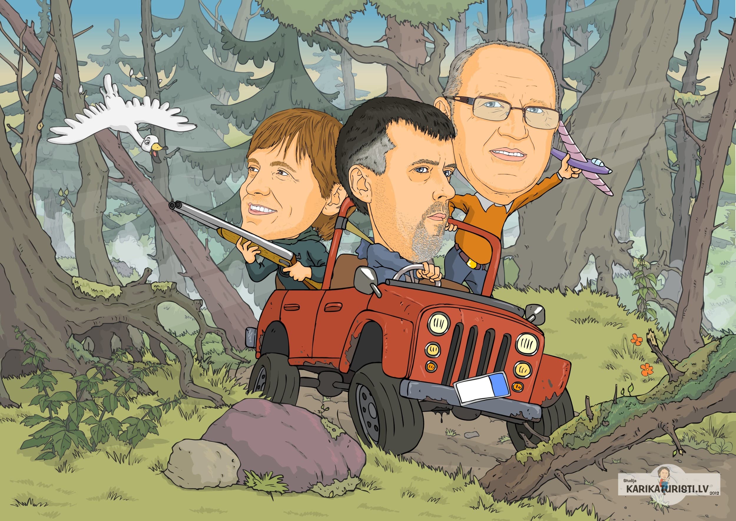 Karikatūra ar fonu 3 personām | Davanu Serviss