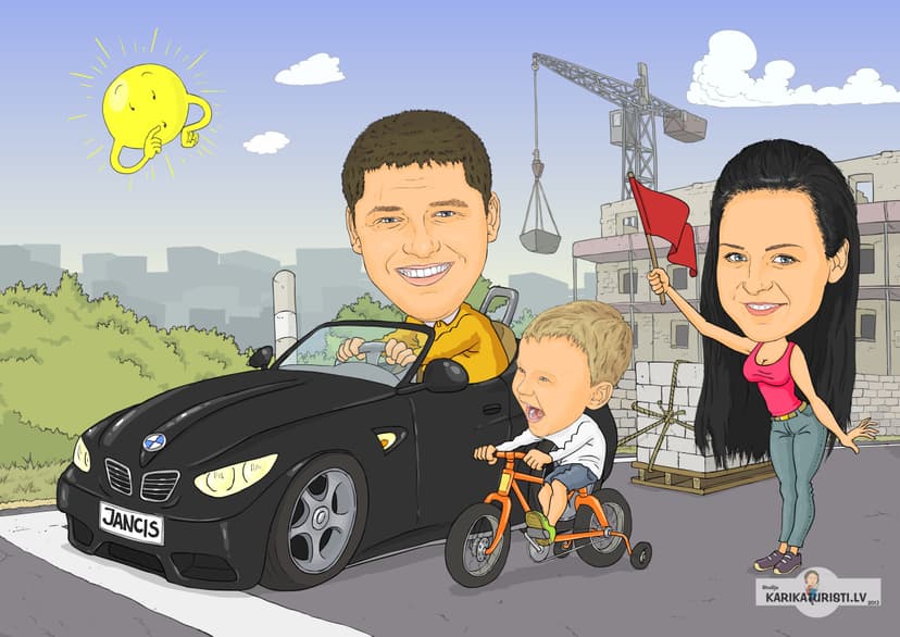 Karikatūra ar fonu 3 personām